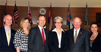 DOC Commissioner Carl Danberg, DHSS Secretary Rita Landgraf, Governor Jack A. Markell, Judge Jan R. Jurden, President Judge James T. Vaughn Jr., DSCYF Secretary Vivian L. Rapposelli. (left to right)