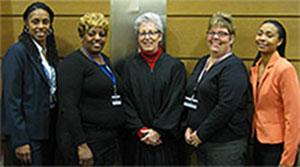 (l to r): Coordinator June Benson, Mentor Michele Owens, President Judge Jan R. Jurden, Mentor Peggy Brennan, Mentor Brittani Shells (l to r): Coordinator June Benson, Mentor Michele Owens, President Judge Jan R. Jurden, Mentor Peggy Brennan, Mentor Brittani Shells